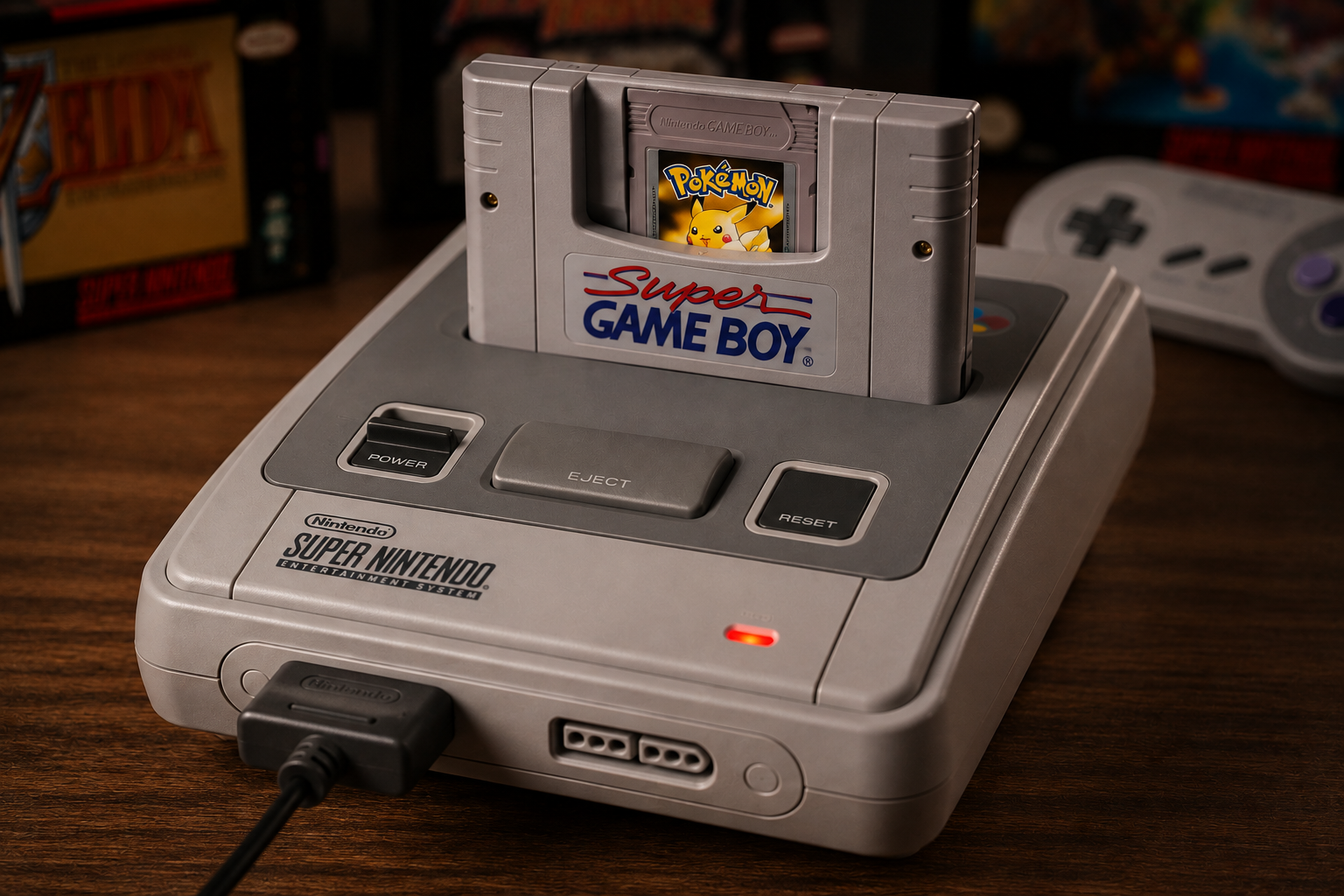 Périphérique Super Game Boy inséré dans la Super Nintendo avec une cartouche Game Boy